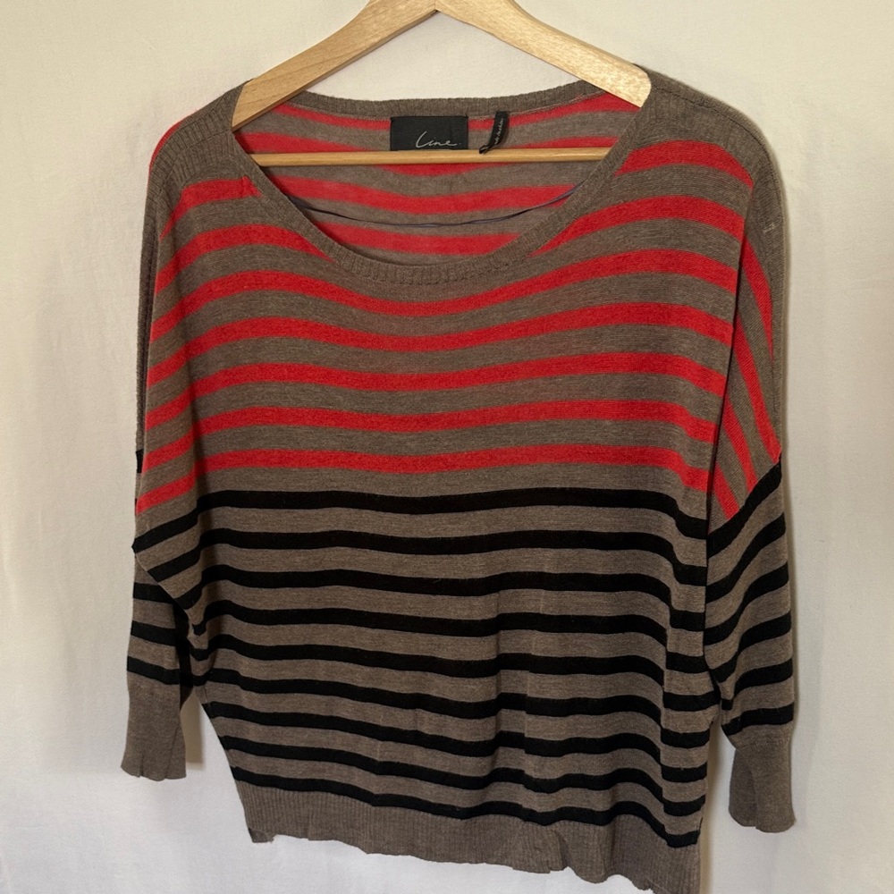 Lane Bryant Taupe, Red & Black Striped Boatneck Sweater